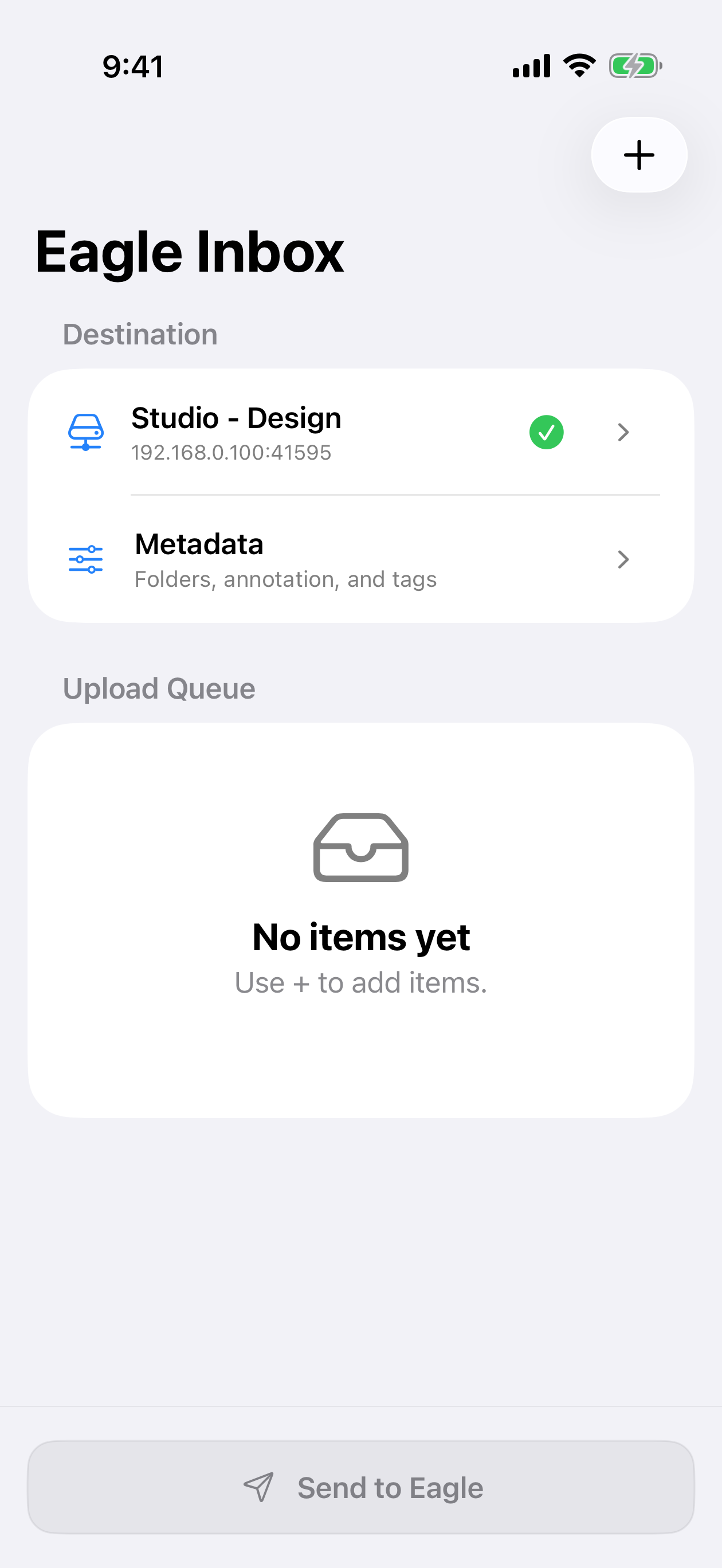 Eagle Inbox upload screen on iPhone
